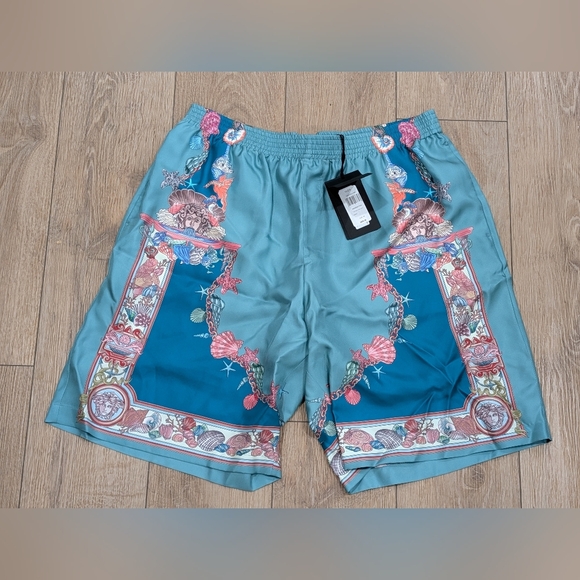 $890 Mens Versace Sea Theater Silk Shorts Sea Green Multi 54 US 38